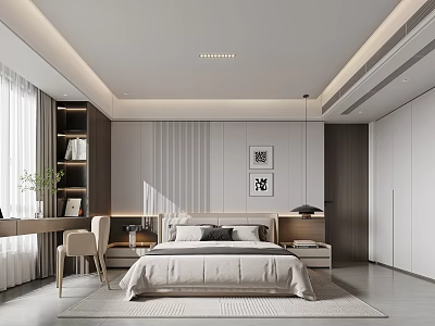 Modern Minimalist Bedroom Interior Design With Floor to Ceiling Window And Wall Art 3d model