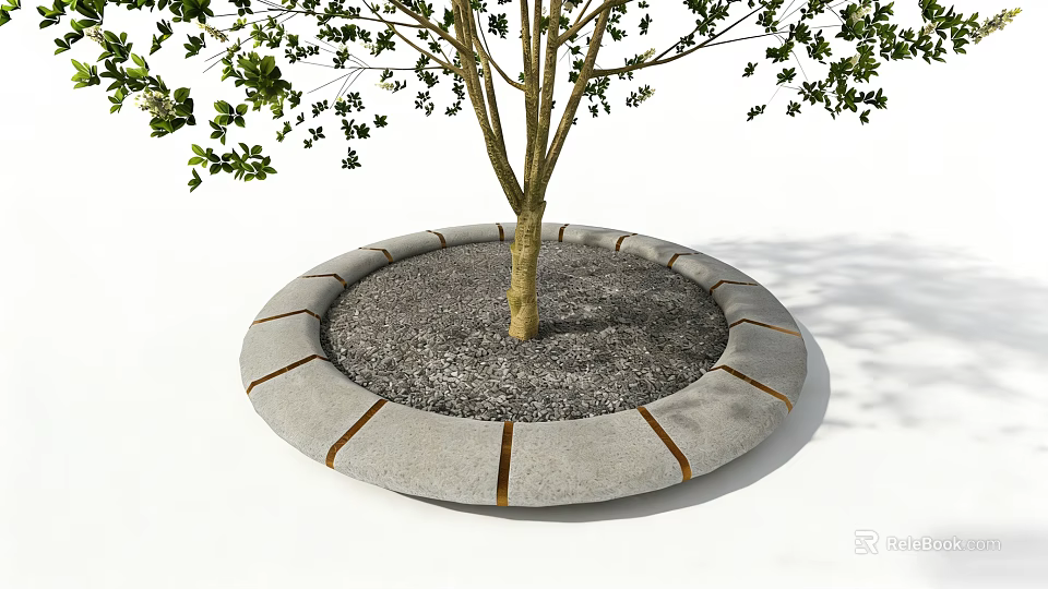 Concrete Tree Pit Design With Gravel Filling And Wooden Strips Around Tree Trunk 3d model 