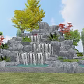 Landscaped Garden Rock Waterfall With Stacked Stones Colorful Trees And Pond