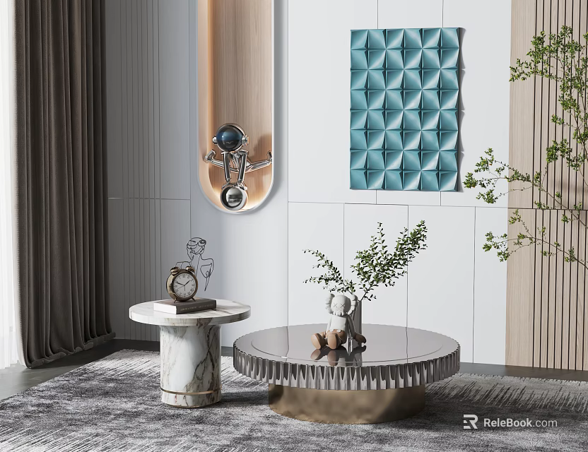 Elegant Modern Round Coffee Table With Marble Top And Decorative Greenery 3d model