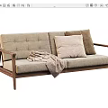 Modern Two-Seater Sofa with Wooden Armrests Plush Pillows and Cozy Throw Blanket
