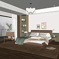 Cozy Modern Bedroom Interior with Comfortable Bed Nightstand Lamp Decorative Paintings and Area Rug