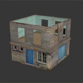 Cartoon Scene Of Old Two Story Brick Building With Blue Doors And Windows