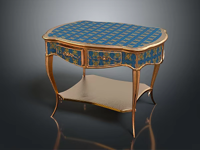 Elegant Blue Checkered Side Table With Gold Accents Carved Details And Lower Tray 3d model