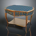 Elegant Blue Checkered Side Table With Gold Accents Carved Details And Lower Tray