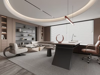 Elegant Modern Office Interior Design With Black Desk Leather Chair And Built-in Bookshelves 3d model