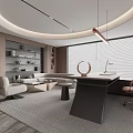 Elegant Modern Office Interior Design With Black Desk Leather Chair And Built-in Bookshelves