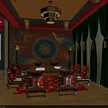 Traditional Chinese Dining Room Interior With Round Table Chairs Green Curtains And Decorative Wall Art