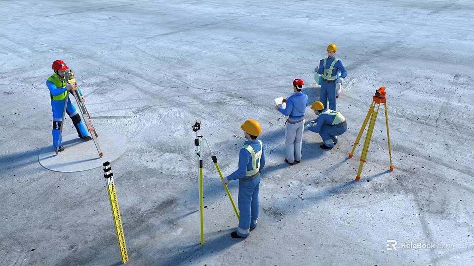 Construction Workers Surveying Construction Site Using Theodolites And Measuring Equipment On Level Ground 3d model 
