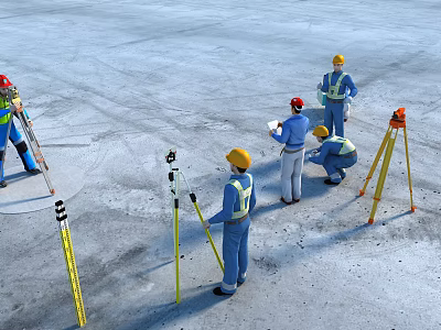 Construction Workers Surveying Construction Site Using Theodolites And Measuring Equipment On Level Ground 3d model