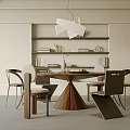 Modern Restaurant Dining Space With Round Wooden Table Minimalist Chairs Built-in Shelves And Pendant Light