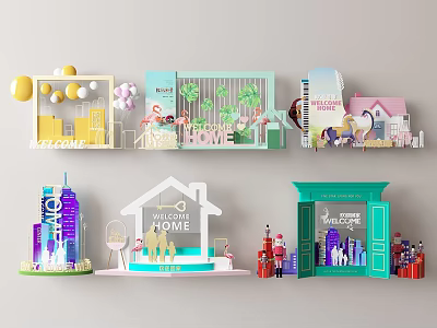 Colorful Home Decor Display Shelves With Welcome Home Signs And House Models 3d model