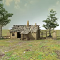 Rustic Dilapidated Adobe House With Shabby Roof Two Trees On Grassland Under Cloudy Sky
