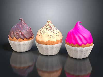 Three Colorful Cupcakes With Chocolate Beige Pink Frosting And Sprinkles On Shiny Surface 3d model