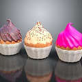 Three Colorful Cupcakes With Chocolate Beige Pink Frosting And Sprinkles On Shiny Surface