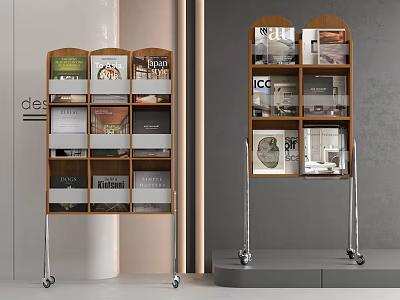 Modern Interior Stylish Mobile Bookshelf With Open Wooden Shelves And Metal Legs For Books Magazines 3d model