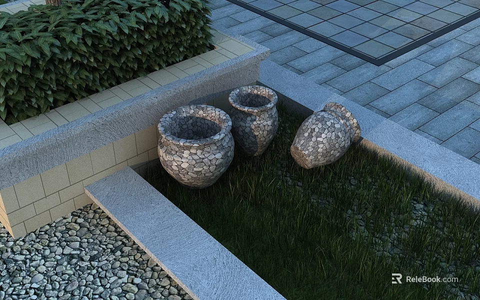 Garden Ornaments With Three Stone Pots Green Grass Stone Steps And Paved Patio 3d model 