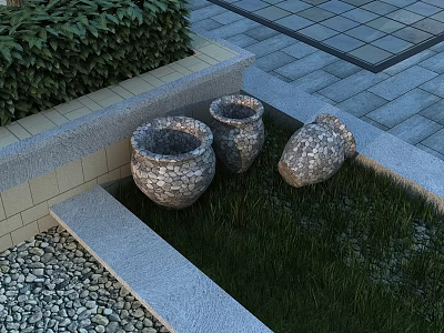 Garden Ornaments With Three Stone Pots Green Grass Stone Steps And Paved Patio 3d model