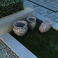 Garden Ornaments With Three Stone Pots Green Grass Stone Steps And Paved Patio