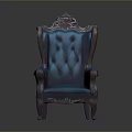 Classic Dark Blue Leather Armchair With Carved Wooden Frame And Intricate Details