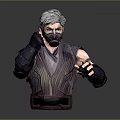 Gray Haired Male Character Bust Wearing Black Mask And Dark Striped Outfit Holding Dagger