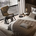 Elegant Modern Double Bed With Dark Headboard Cozy Bedding And Side Chair On Wooden Floor