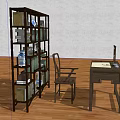 Wooden Desk and Chair Set with Bookshelf Books Globe in Study Room on Wooden Floor