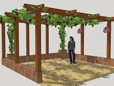 Wooden Pergola With Green Vines And A Person Standing On Brick Floor In Garden 3d model