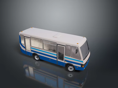 Blue And White Striped Modern Bus Design With Side Doors And Clear Windows 3d model