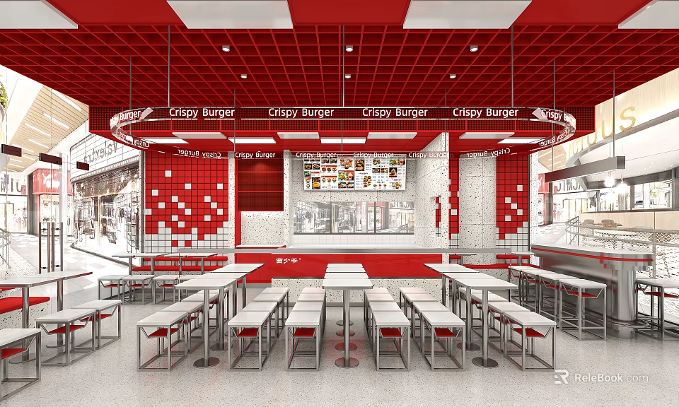 Crazy Burger Restaurant Interior With Red White Grid Ceiling Checkerboard Walls And Dining Tables 3d model 