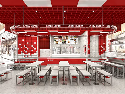 Crazy Burger Restaurant Interior With Red White Grid Ceiling Checkerboard Walls And Dining Tables 3d model