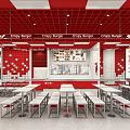 Crazy Burger Restaurant Interior With Red White Grid Ceiling Checkerboard Walls And Dining Tables