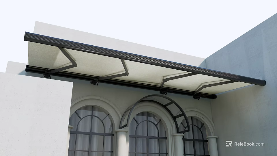 Modern Awning With Metal Frame Over Building Exterior Arched Windows Design 3d model 
