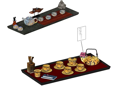 Traditional Tea Set With Teapot Teacups Saucers And Wooden Tray 3d model