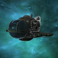 Vintage Steampunk Submarine With Metallic Hull And Round Glass Window In Blue Cosmic Background