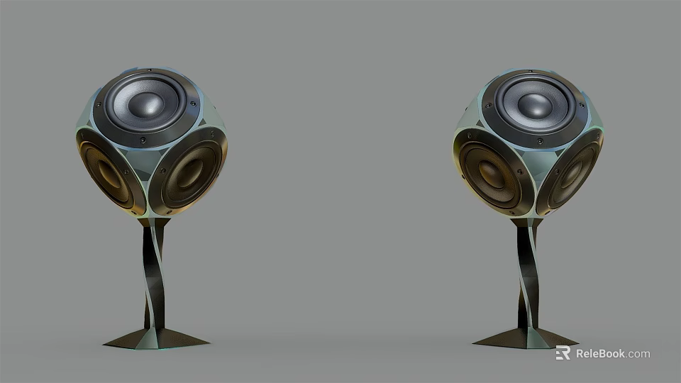 Pair of Modern Spherical Speakers With Unique Metal Stand And Base Design 3d model 