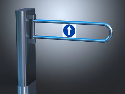 Industrial Metal Turnstile With Blue Bar And Directional Arrow Sign For Access Control 3d model