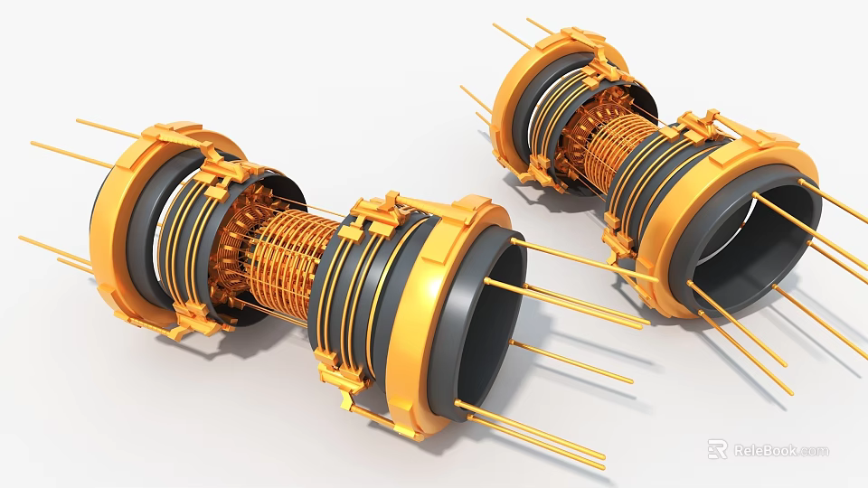 Two Golden Art Installations With Coils Metallic Structure Black Rings And Metal Rods 3d model 