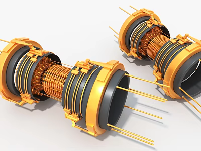 Two Golden Art Installations With Coils Metallic Structure Black Rings And Metal Rods 3d model