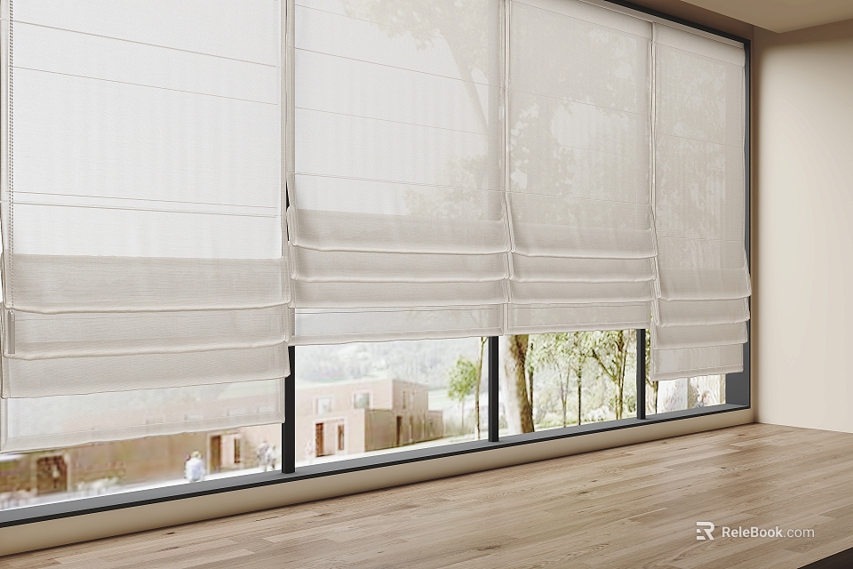 White Roman Blinds Covering Large Window With Tree View And Wooden Floor 3d model 