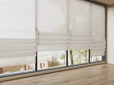 White Roman Blinds Covering Large Window With Tree View And Wooden Floor 3d model