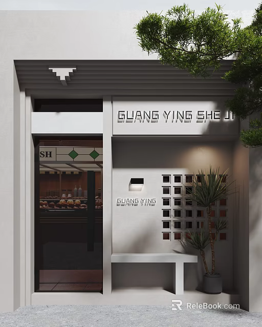 White Storefront Design With Glass Door Green Diamond Decorations BURNS WING Signage And Grid Windows 3d model 