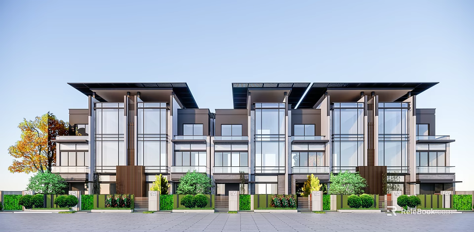 Modern Townhouse Exterior Design With Large Glass Windows And Greenery Landscaping 3d model 