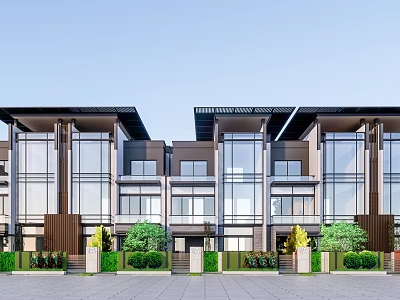 Modern Townhouse Exterior Design With Large Glass Windows And Greenery Landscaping 3d model