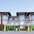 Modern Townhouse Exterior Design With Large Glass Windows And Greenery Landscaping