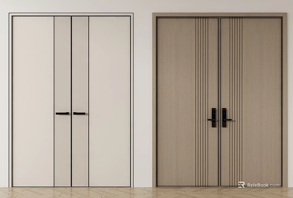 Modern Minimalist Double Doors With Beige Light Wood Black Lines And Handles For Interior Design 3d model 