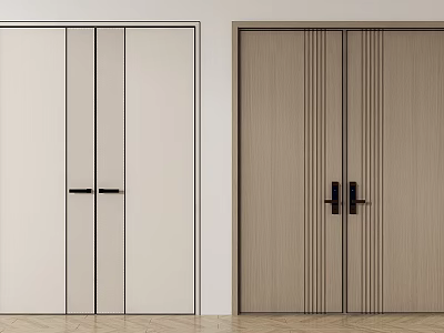 Modern Minimalist Double Doors With Beige Light Wood Black Lines And Handles For Interior Design 3d model