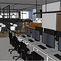 Modern Internet Cafe Interior With Computers Tables Chairs Glass Walls And Numbers