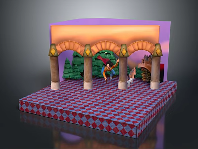 Woman Dancing On Stage With Archways Green Background Red Purple Checkered Floor And Castle 3d model