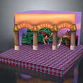 Woman Dancing On Stage With Archways Green Background Red Purple Checkered Floor And Castle